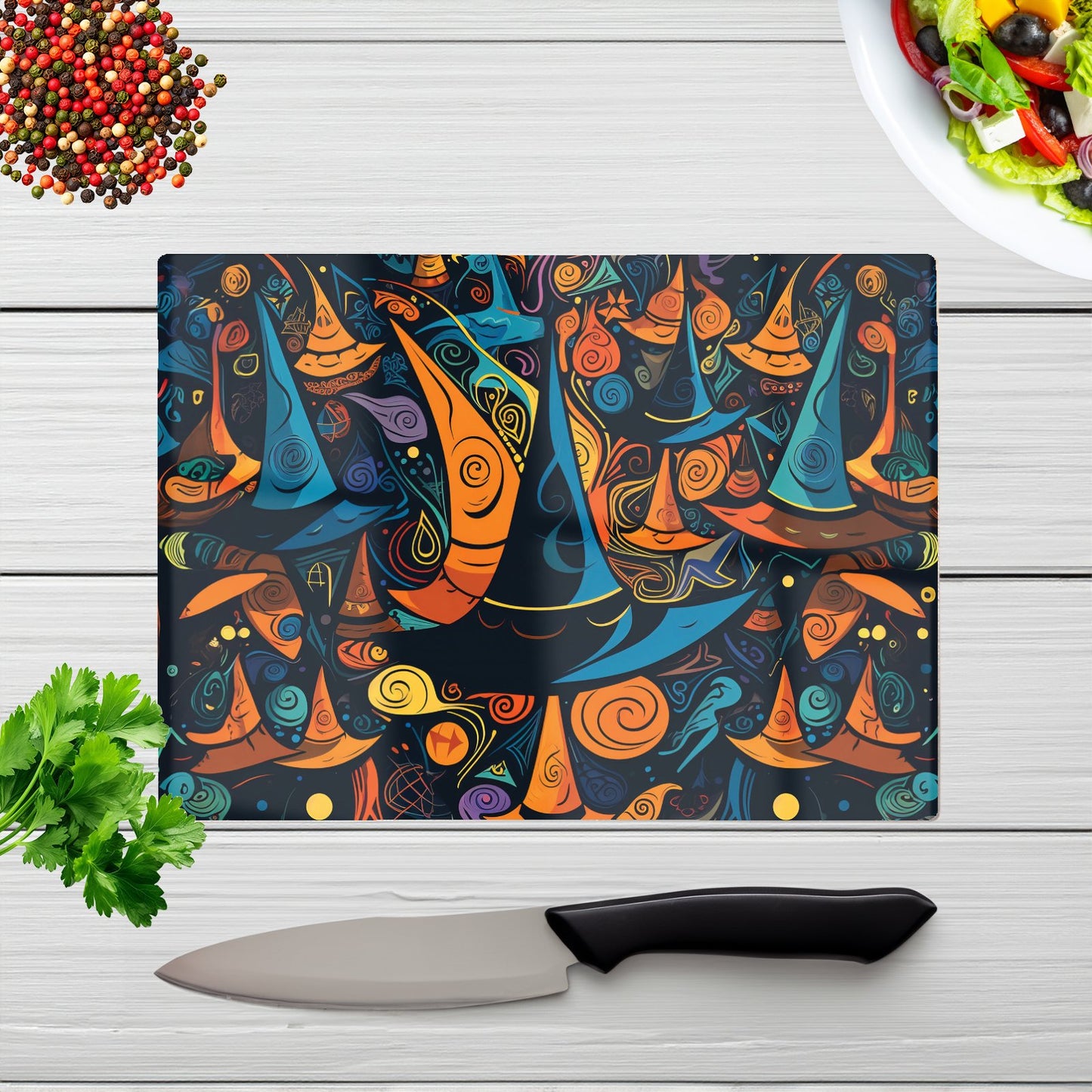 Imaginative Abstract Witches Hats Glass Chopping Board