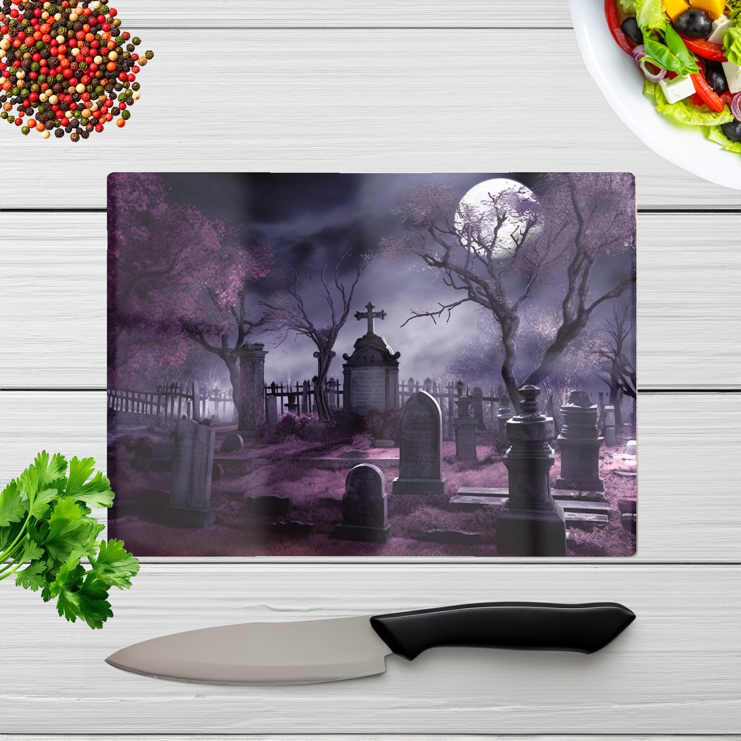 Witchs Moonlit Cemetery Design Glass Chopping Board