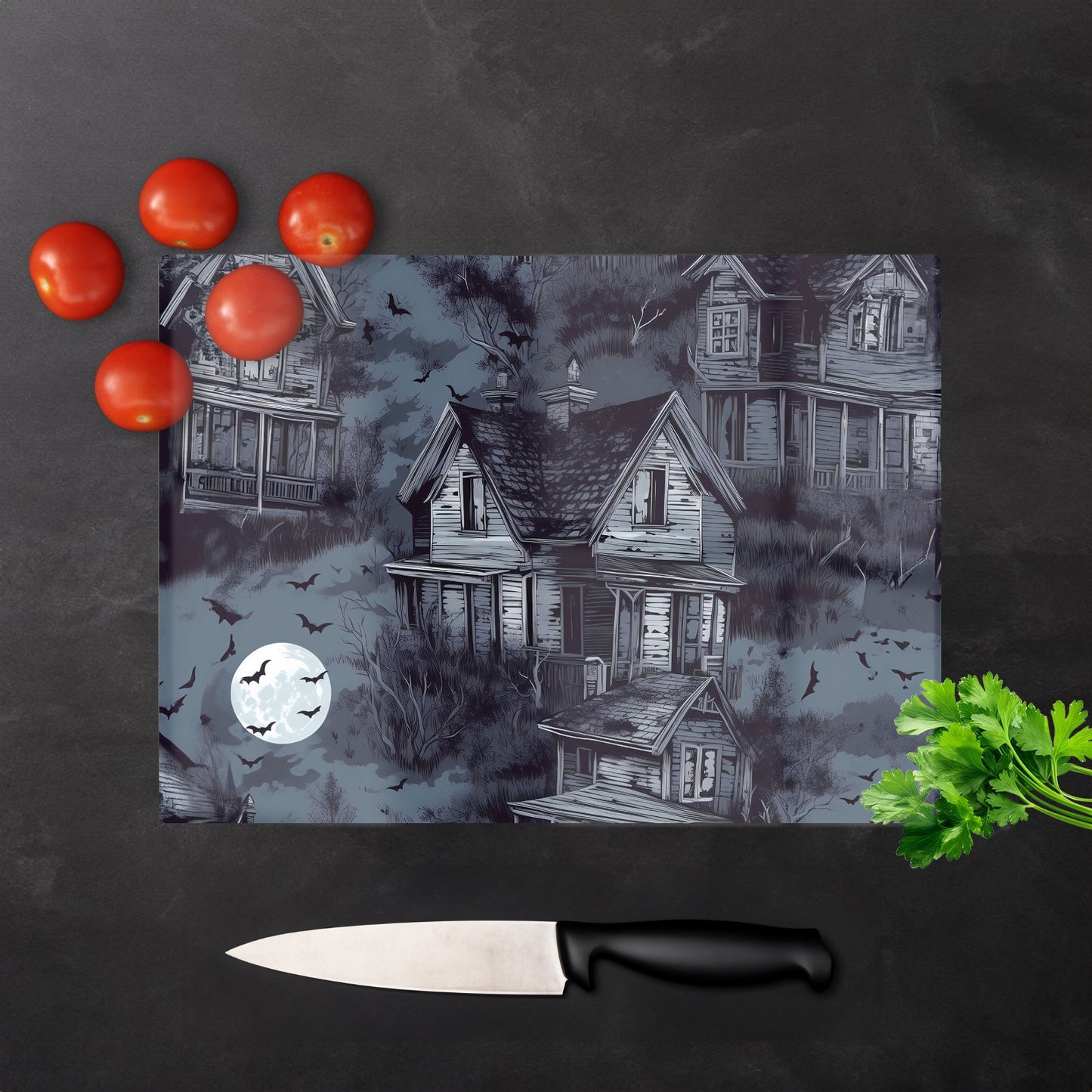 Spooky Shadowy Haunted House Glass Chopping Board