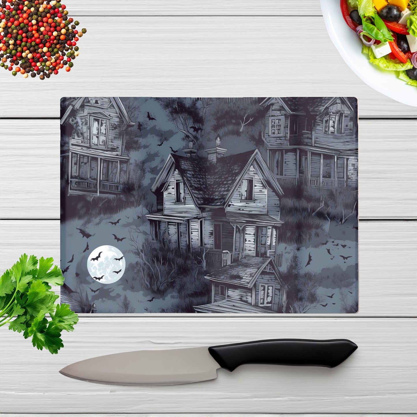 Spooky Shadowy Haunted House Glass Chopping Board