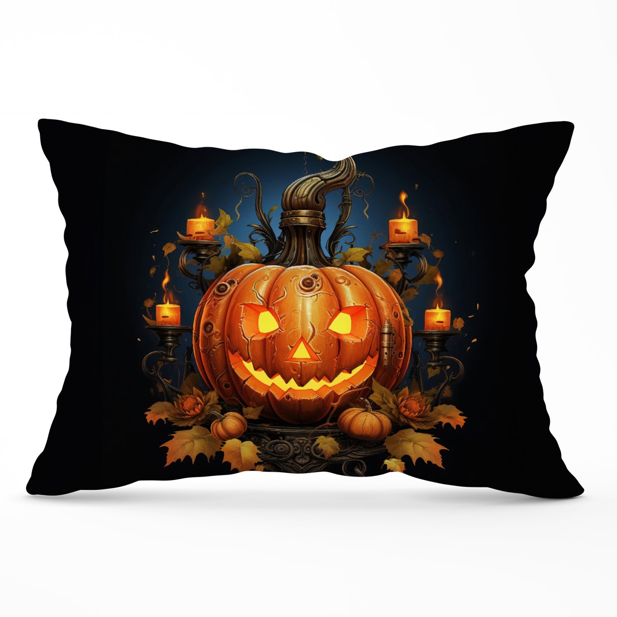 Spooy Pumpkin With Leaves And Small Candles Cushions