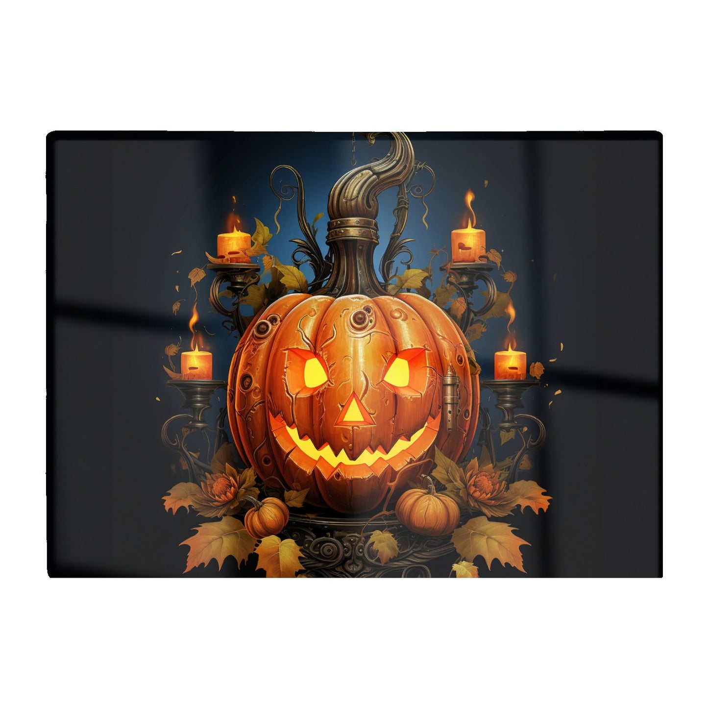 Spooy Pumpkin And Small Candles Glass Chopping Board