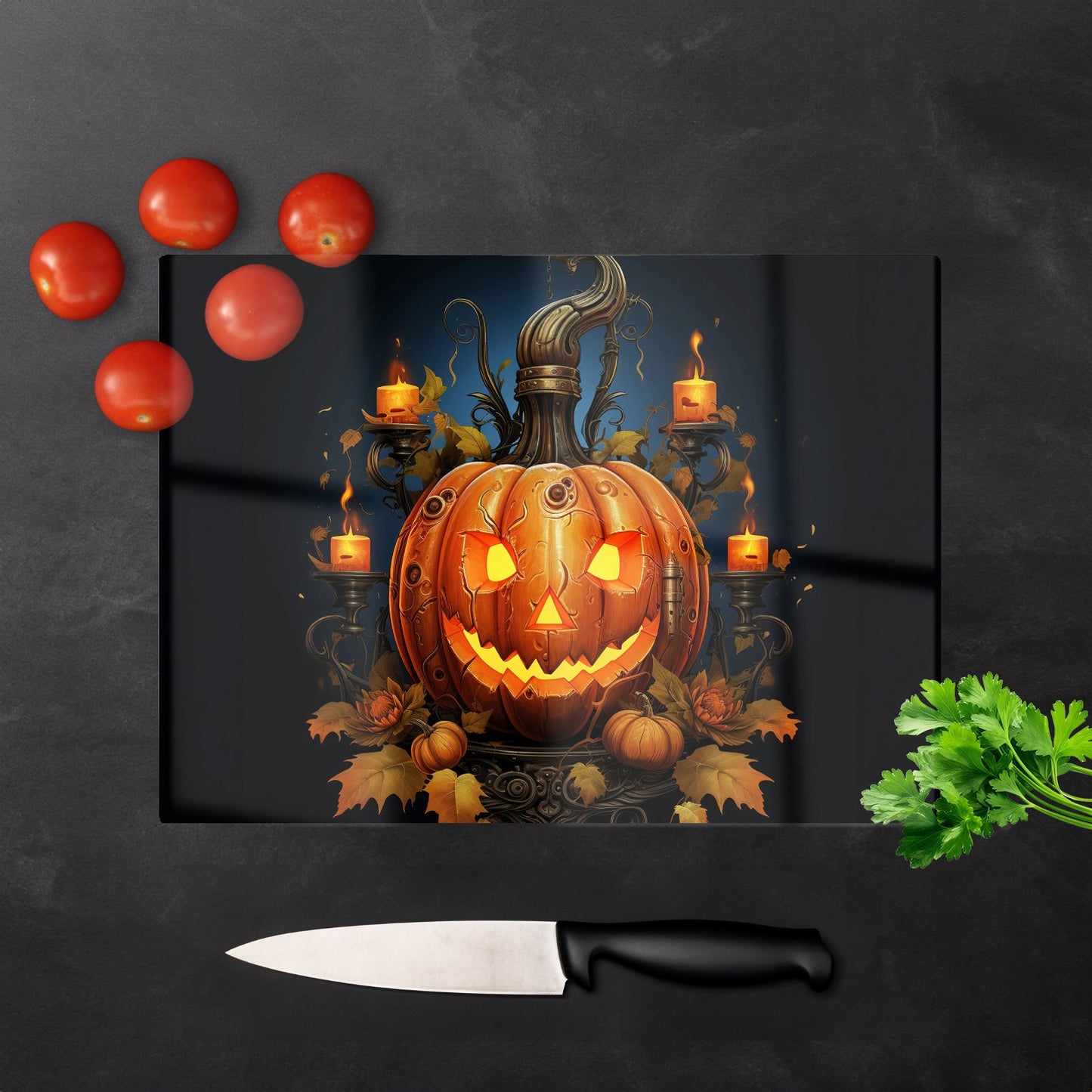 Spooy Pumpkin And Small Candles Glass Chopping Board