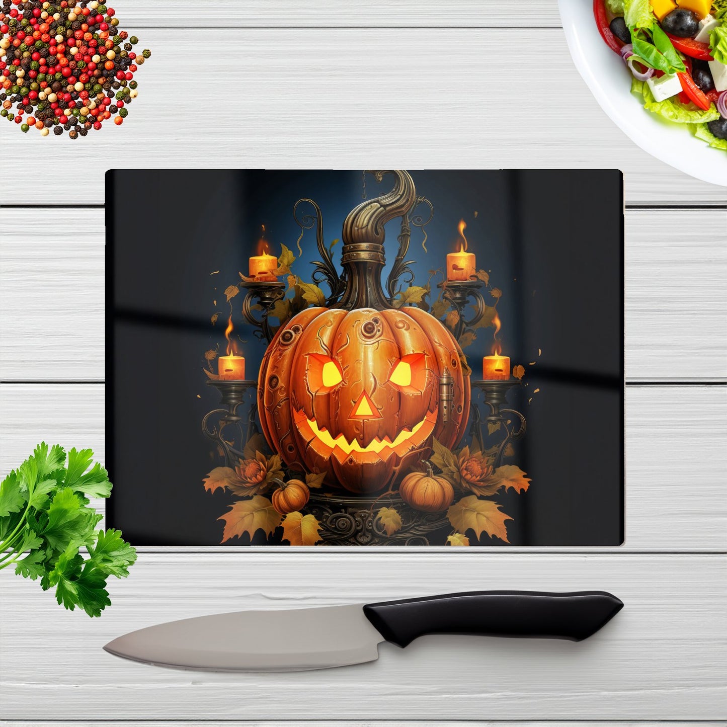 Spooy Pumpkin And Small Candles Glass Chopping Board