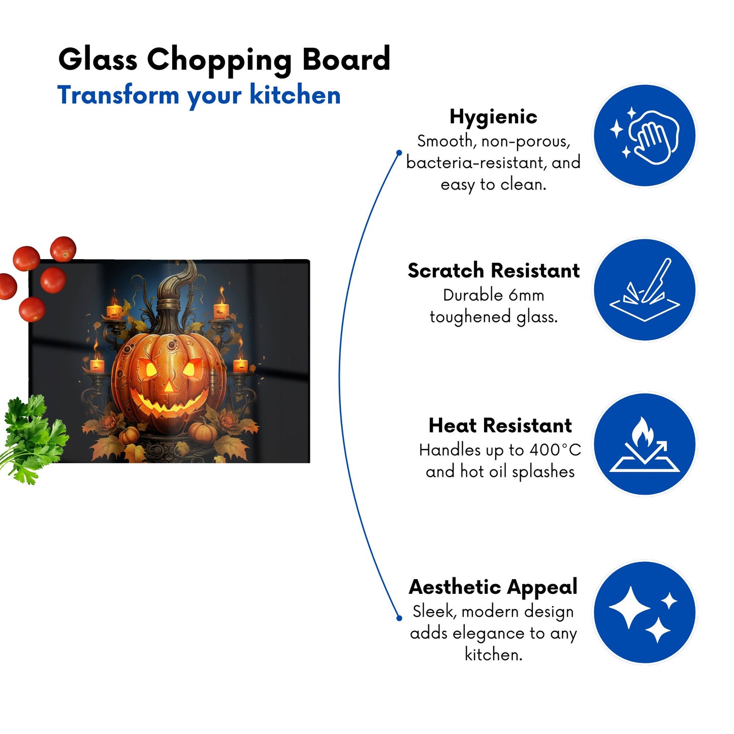 Spooy Pumpkin And Small Candles Glass Chopping Board
