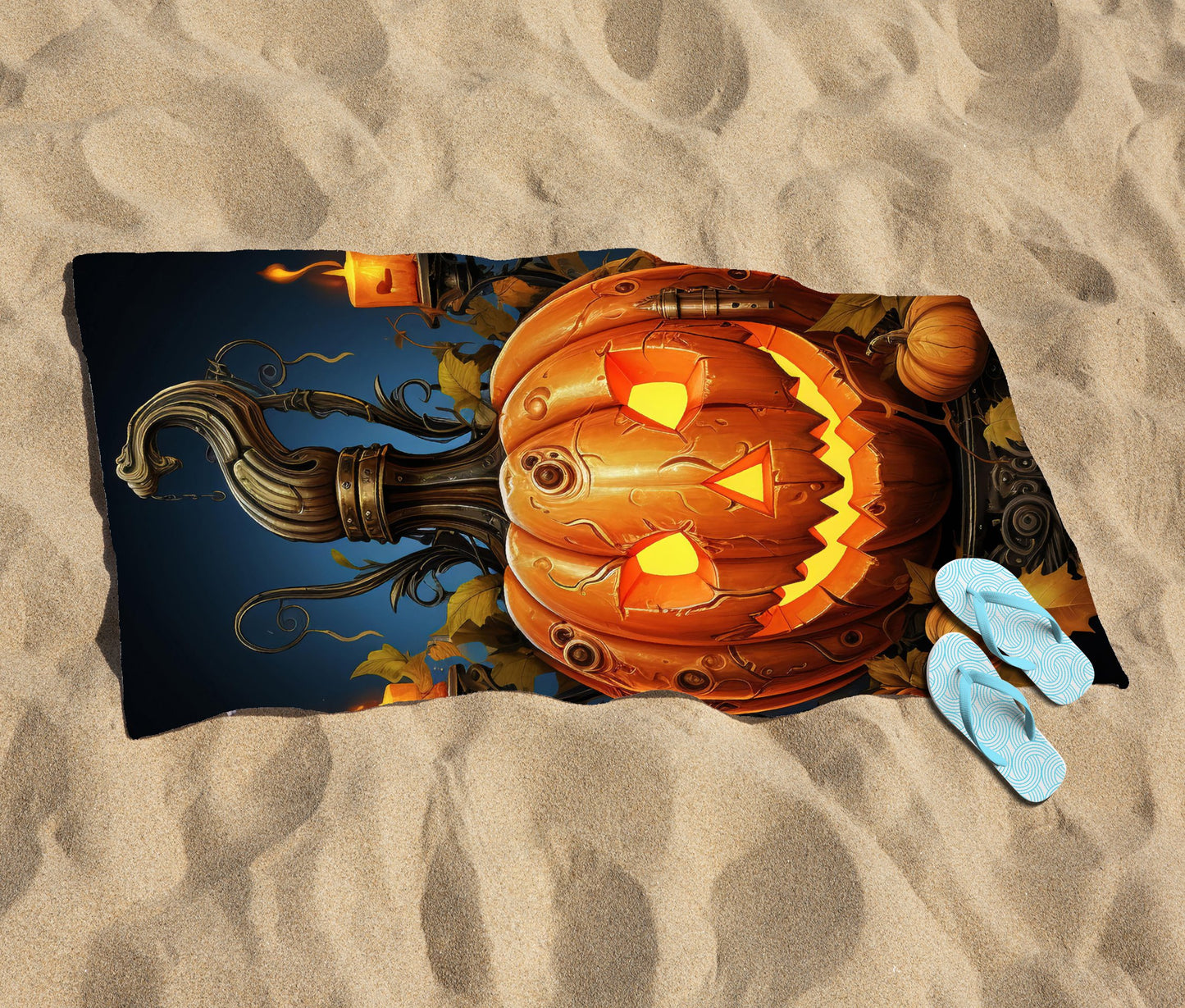 Spooy Pumpkin And Small Candles Beach Towel