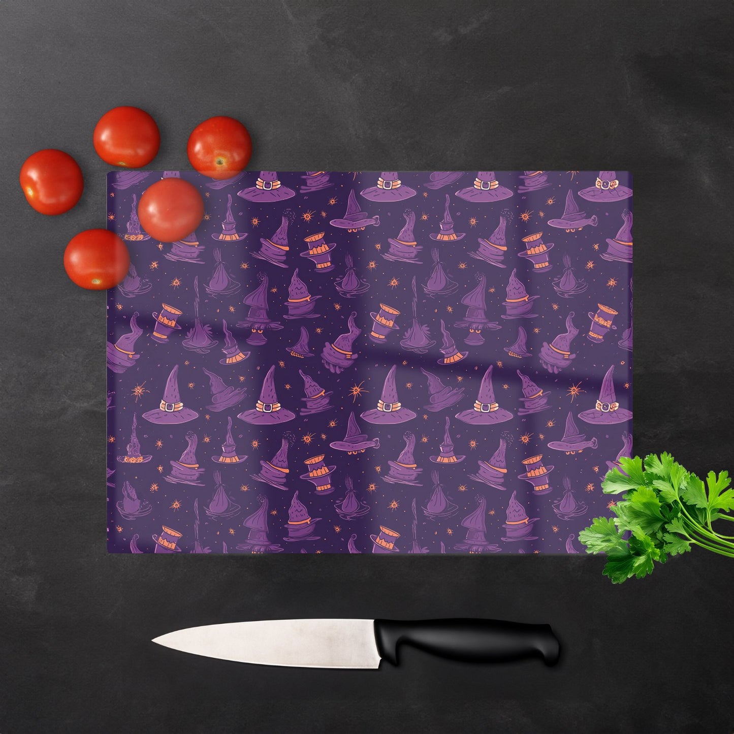 Witch Hats And Broomsticks Glass Chopping Board