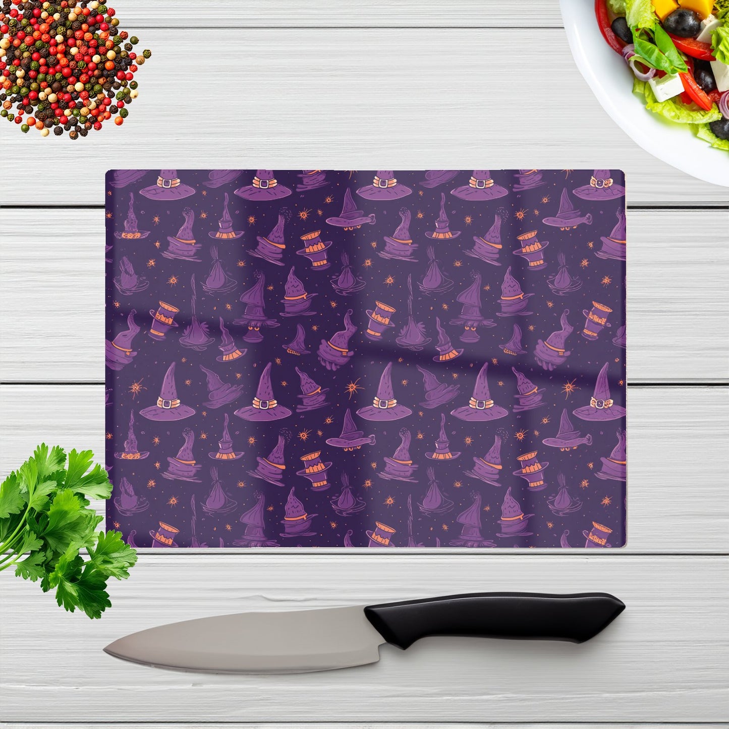 Witch Hats And Broomsticks Glass Chopping Board