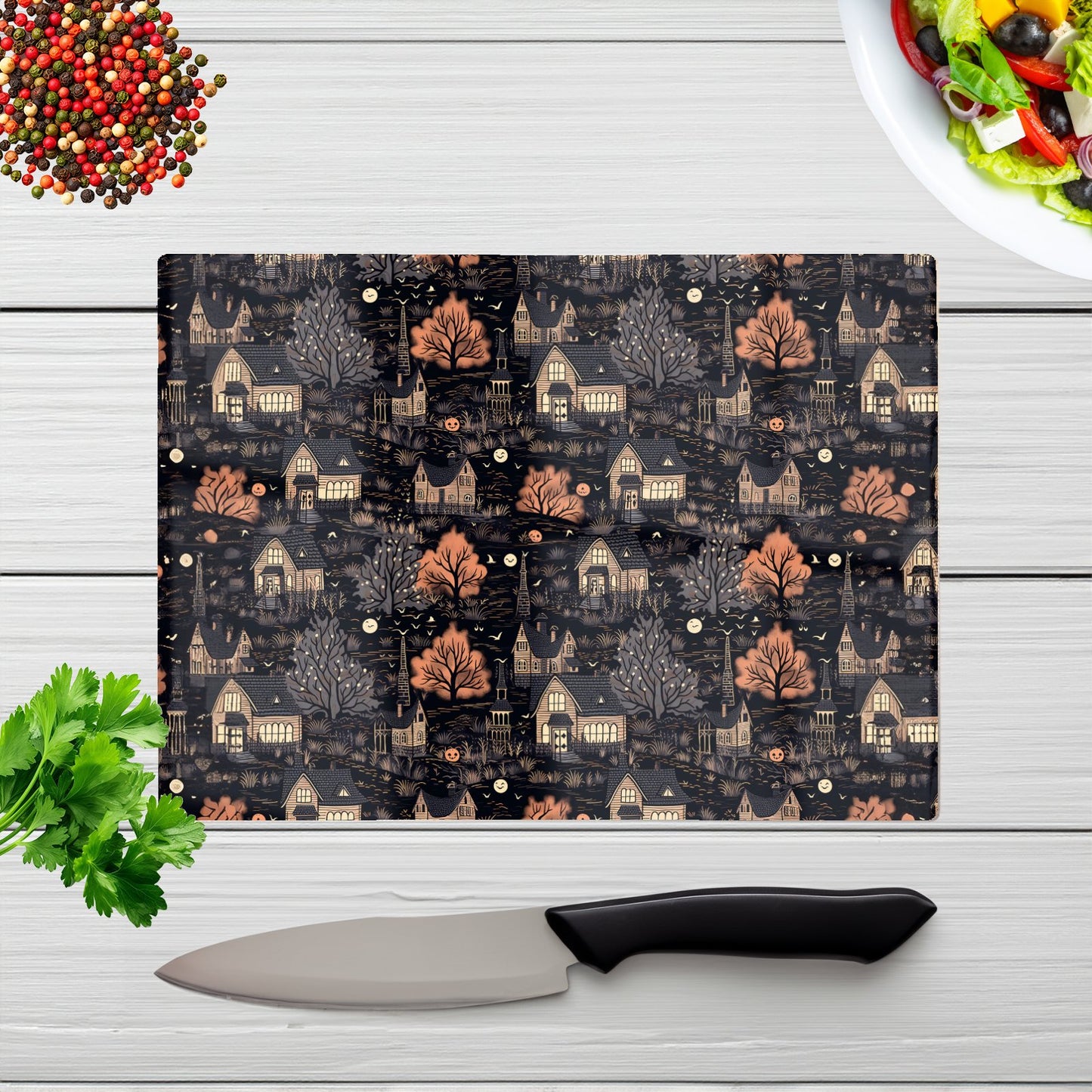 Spooky Haunted Houses Pattern Glass Chopping Board