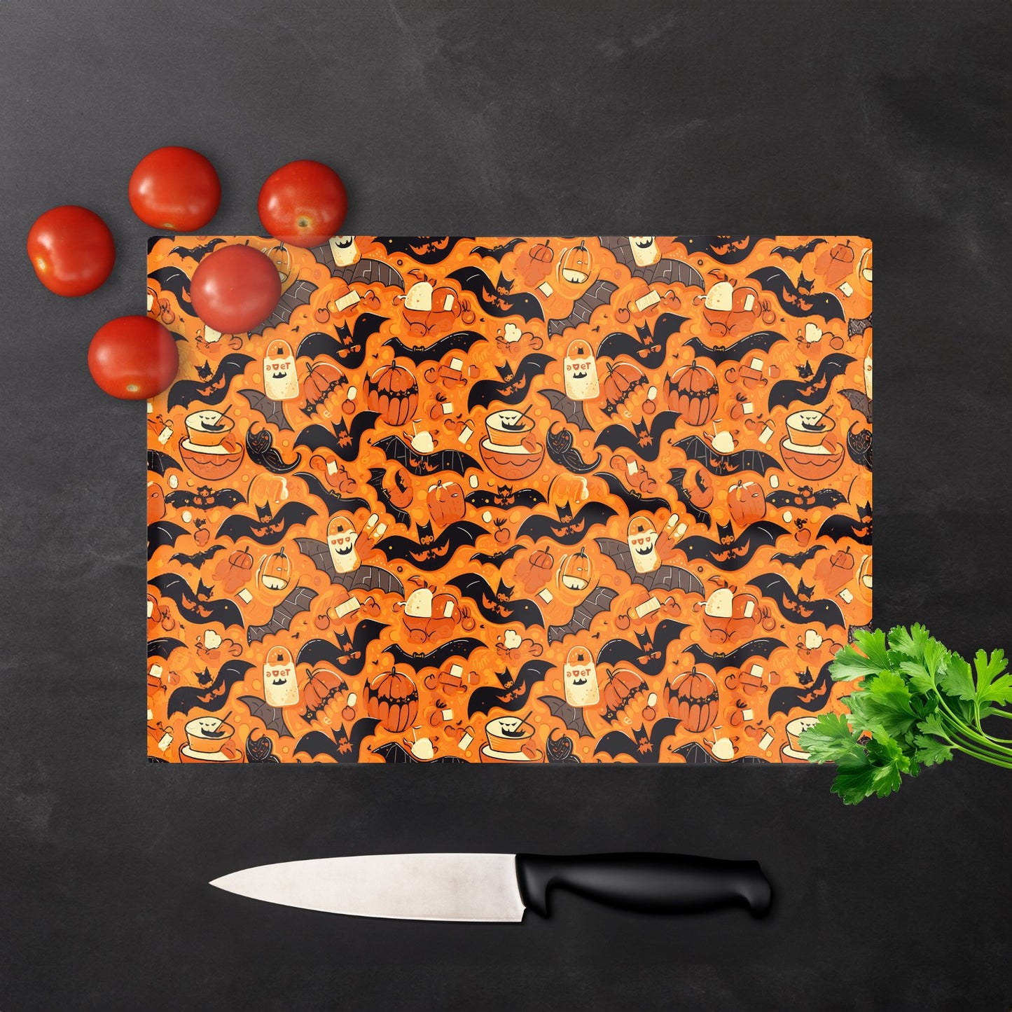Candy Filled Treat Bags And Bats Glass Chopping Board