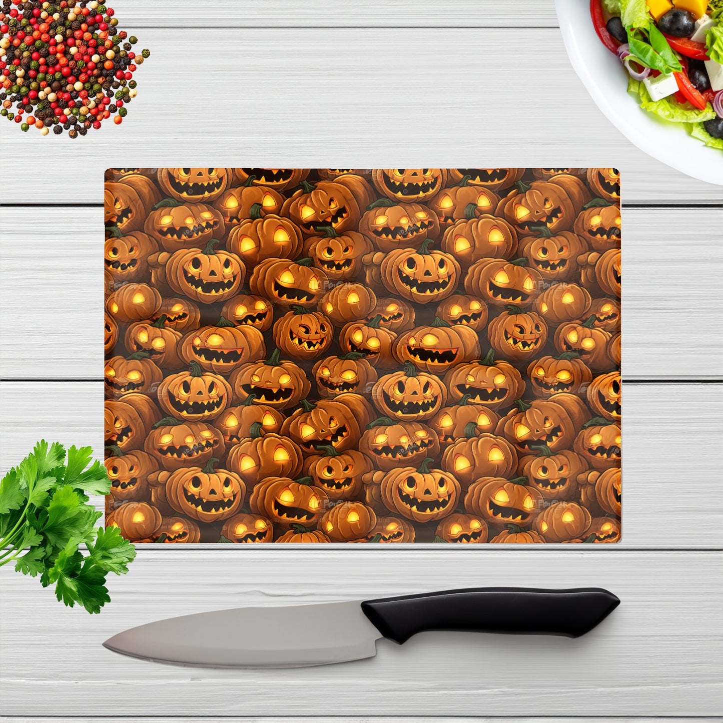 Grinning Lanterns Pumpkins Glass Chopping Board