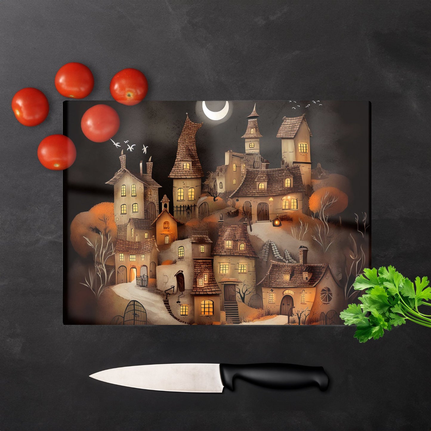 Spooky Halloween Village Glass Chopping Board