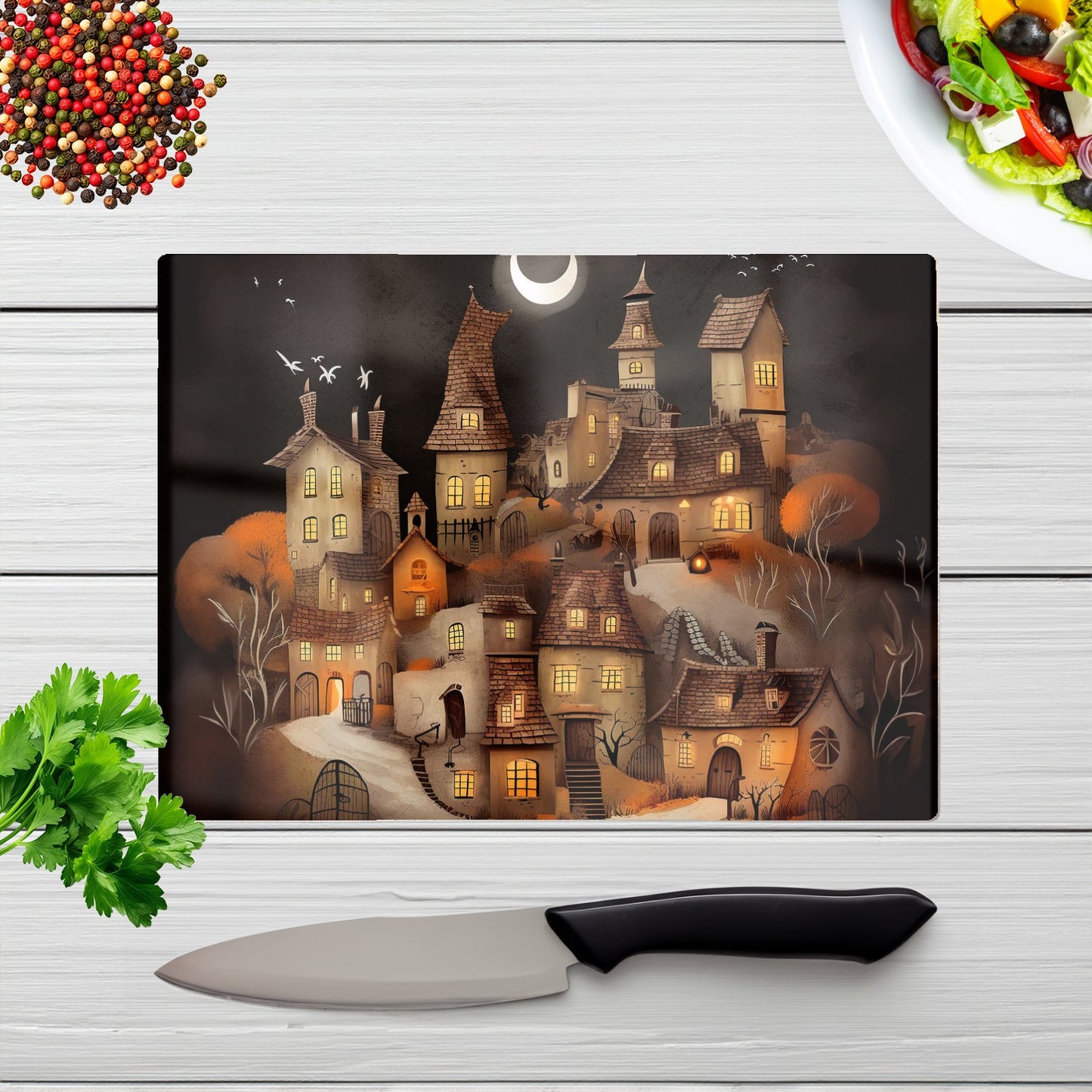 Spooky Halloween Village Glass Chopping Board