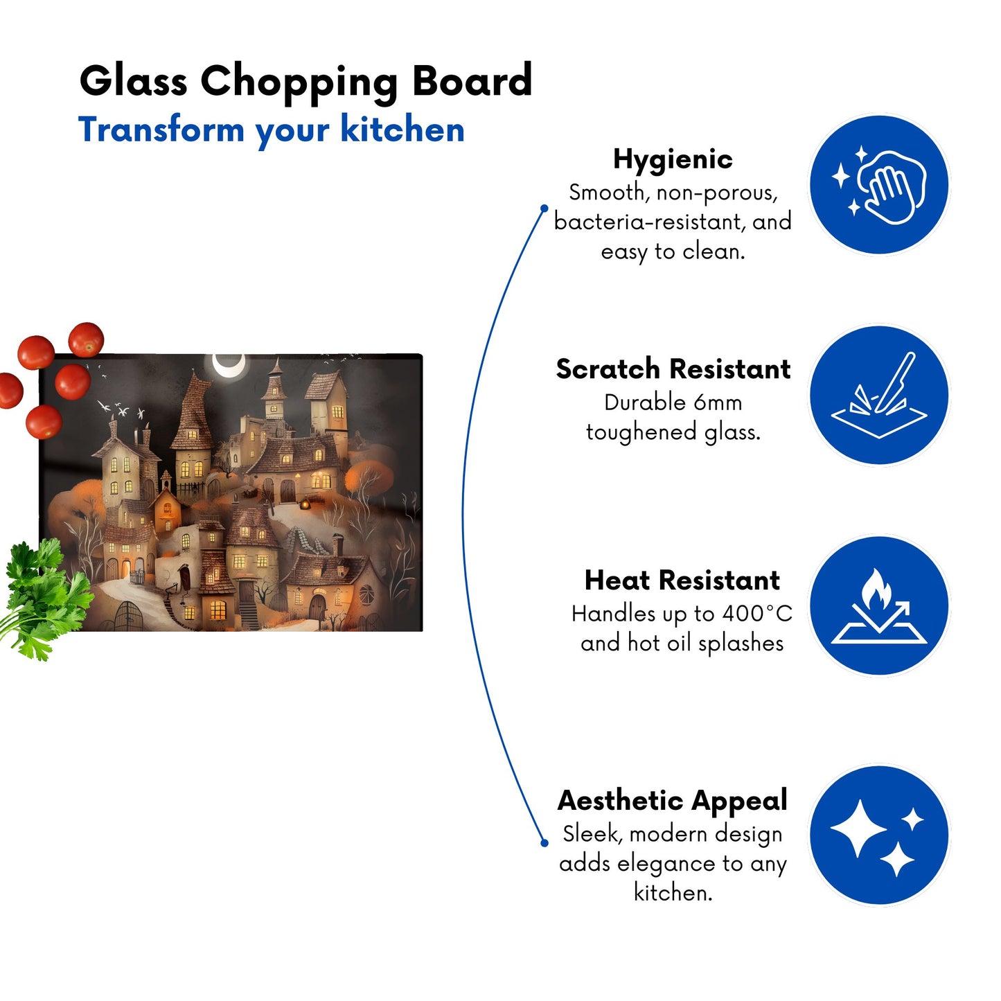 Spooky Halloween Village Glass Chopping Board