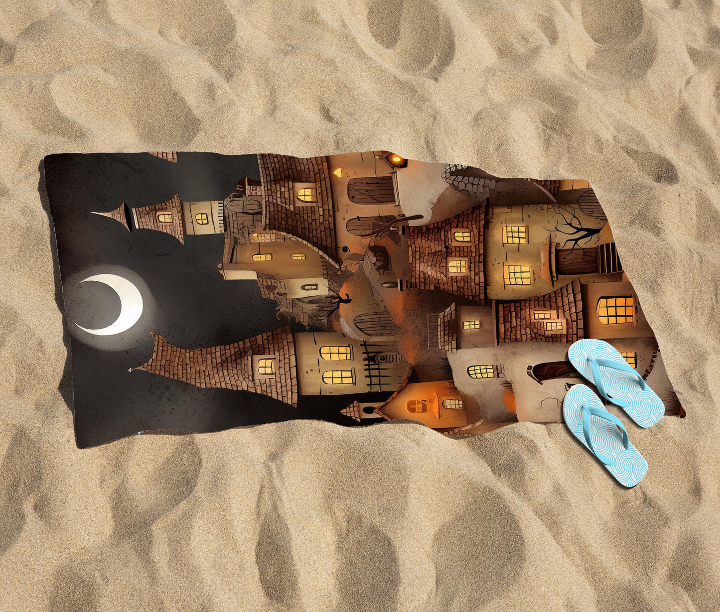 Spooky Halloween Village Beach Towel