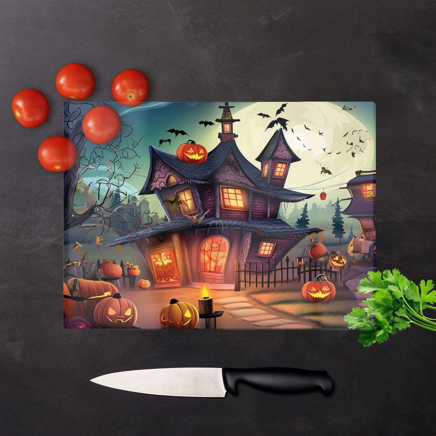 Spooky Halloween House Glass Chopping Board