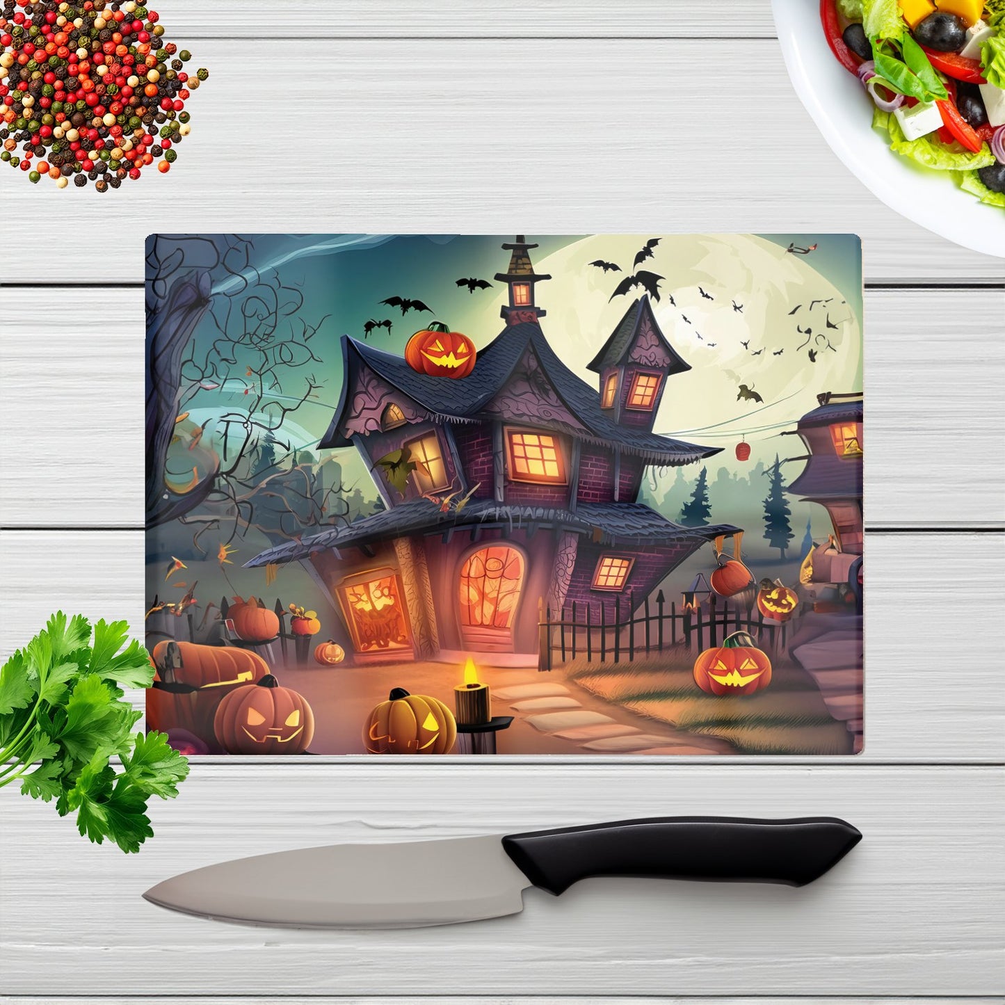 Spooky Halloween House Glass Chopping Board