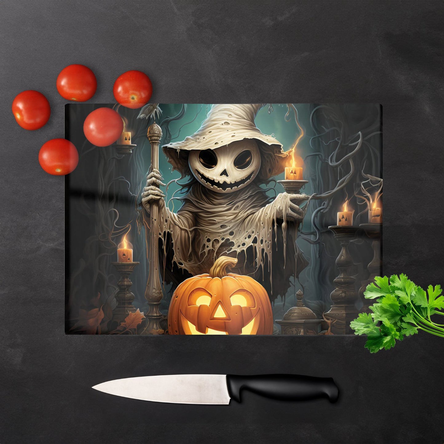 Creepy Ghost With Pumpkins Glass Chopping Board