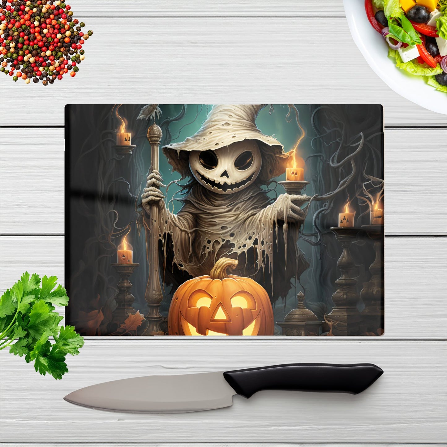 Creepy Ghost With Pumpkins Glass Chopping Board