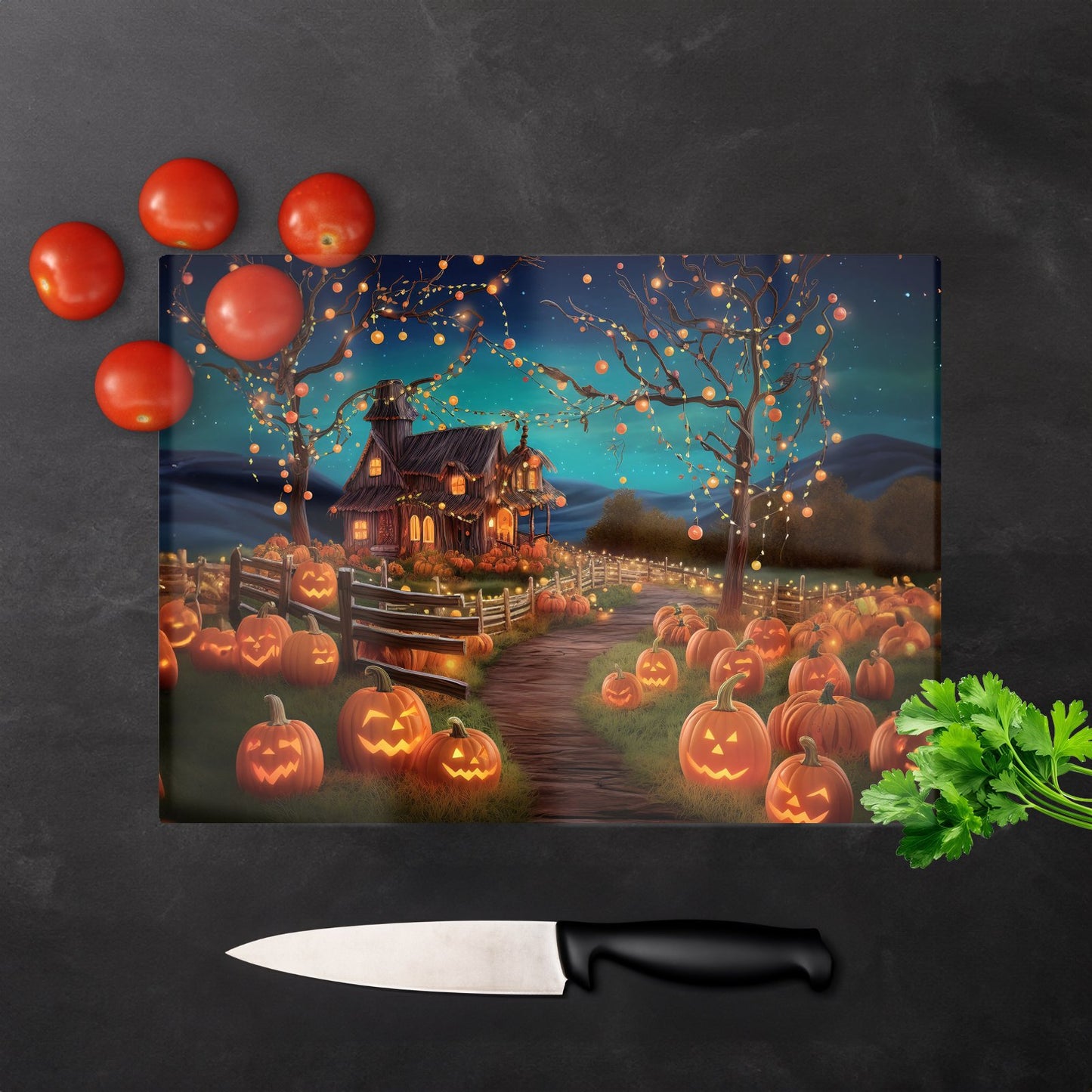 Enchanted Hallowen Pumpkin Patch Glass Chopping Board