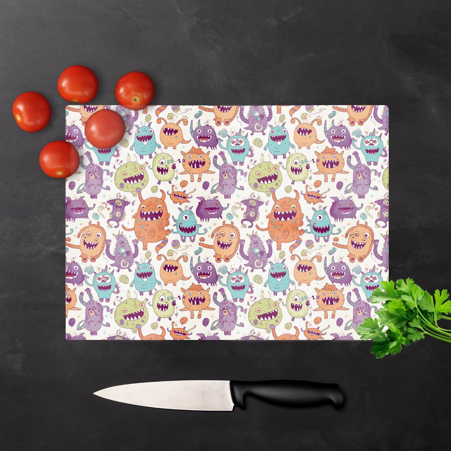 Playful Halloween Monsters Glass Chopping Board