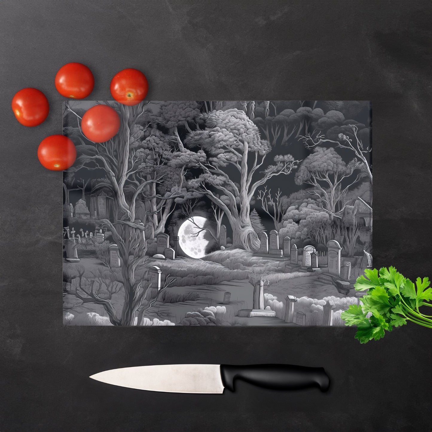 Eerie Moonlit Cemetery Glass Chopping Board
