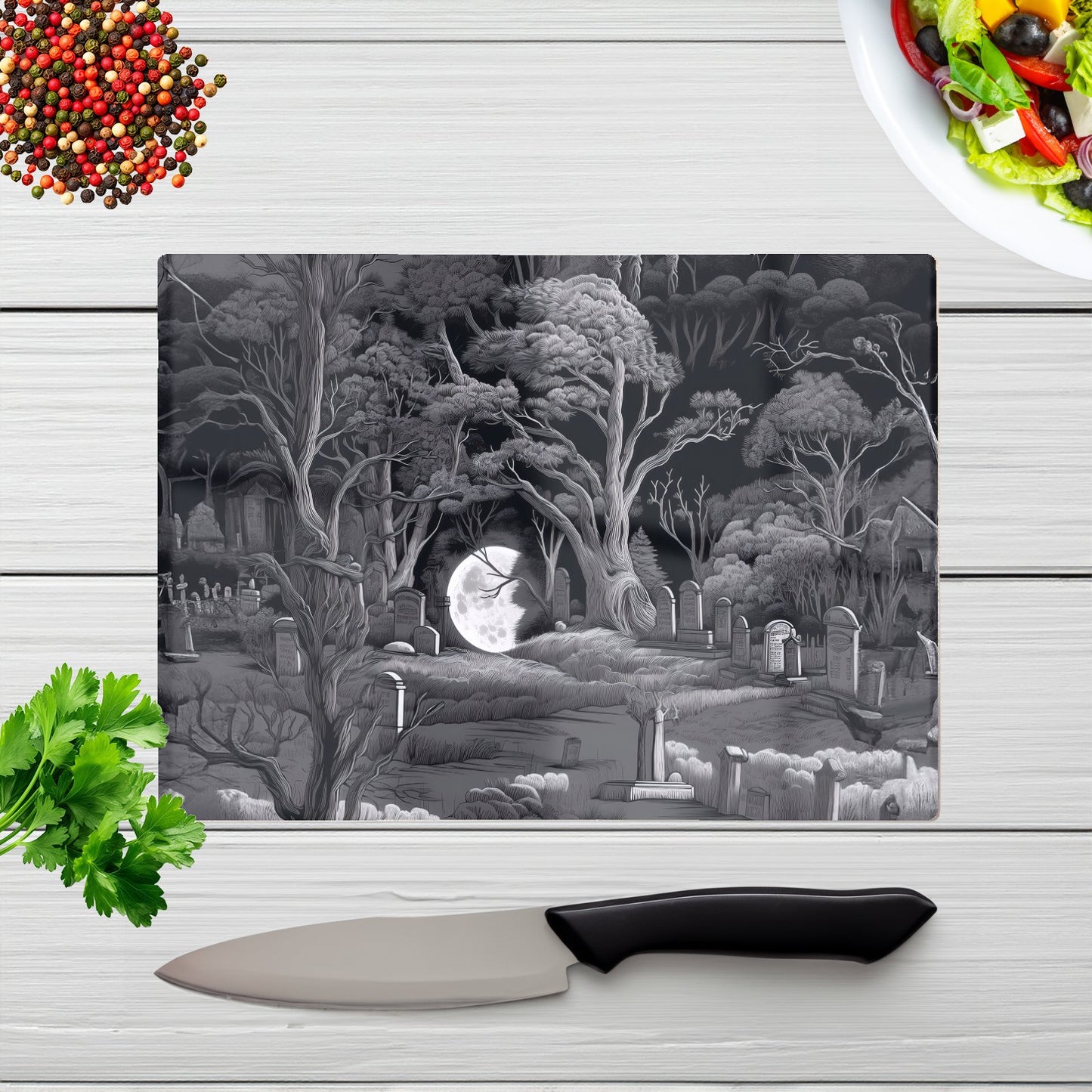 Eerie Moonlit Cemetery Glass Chopping Board