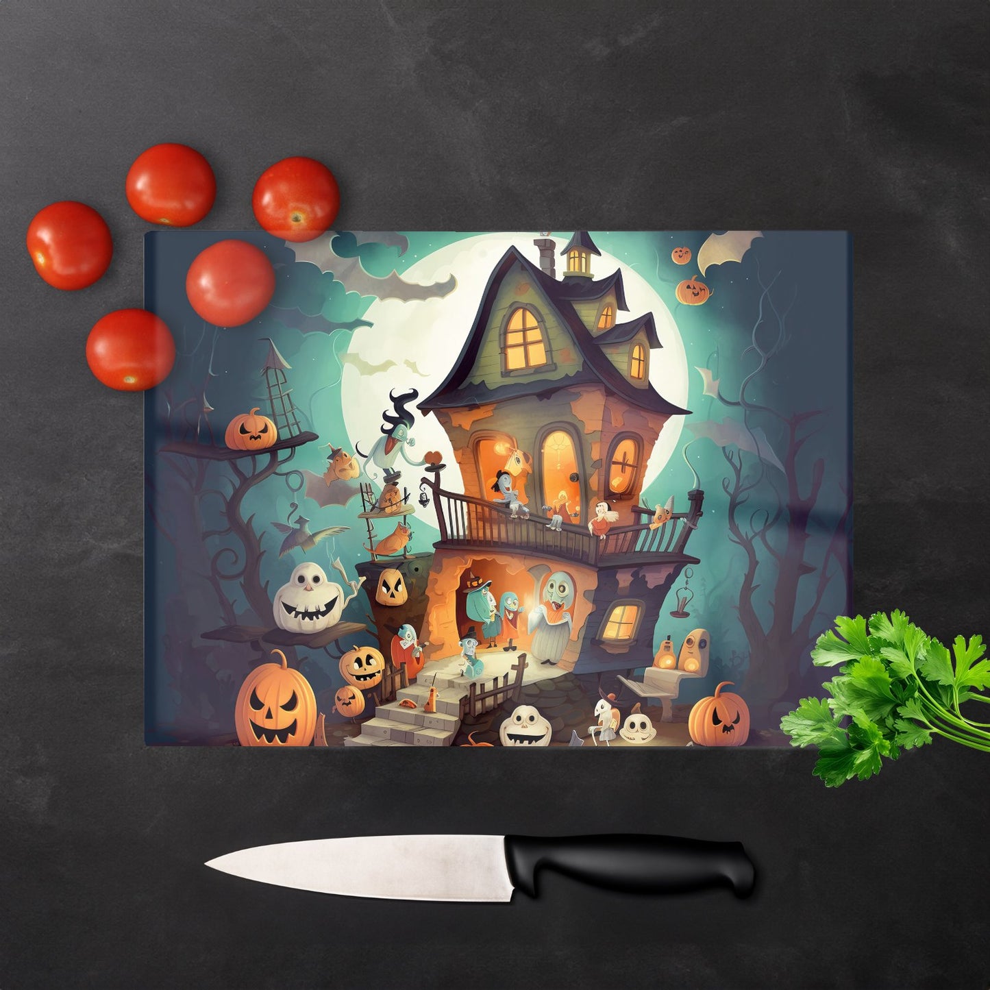 Illustrations A Whimsical Haunted House Glass Chopping Board