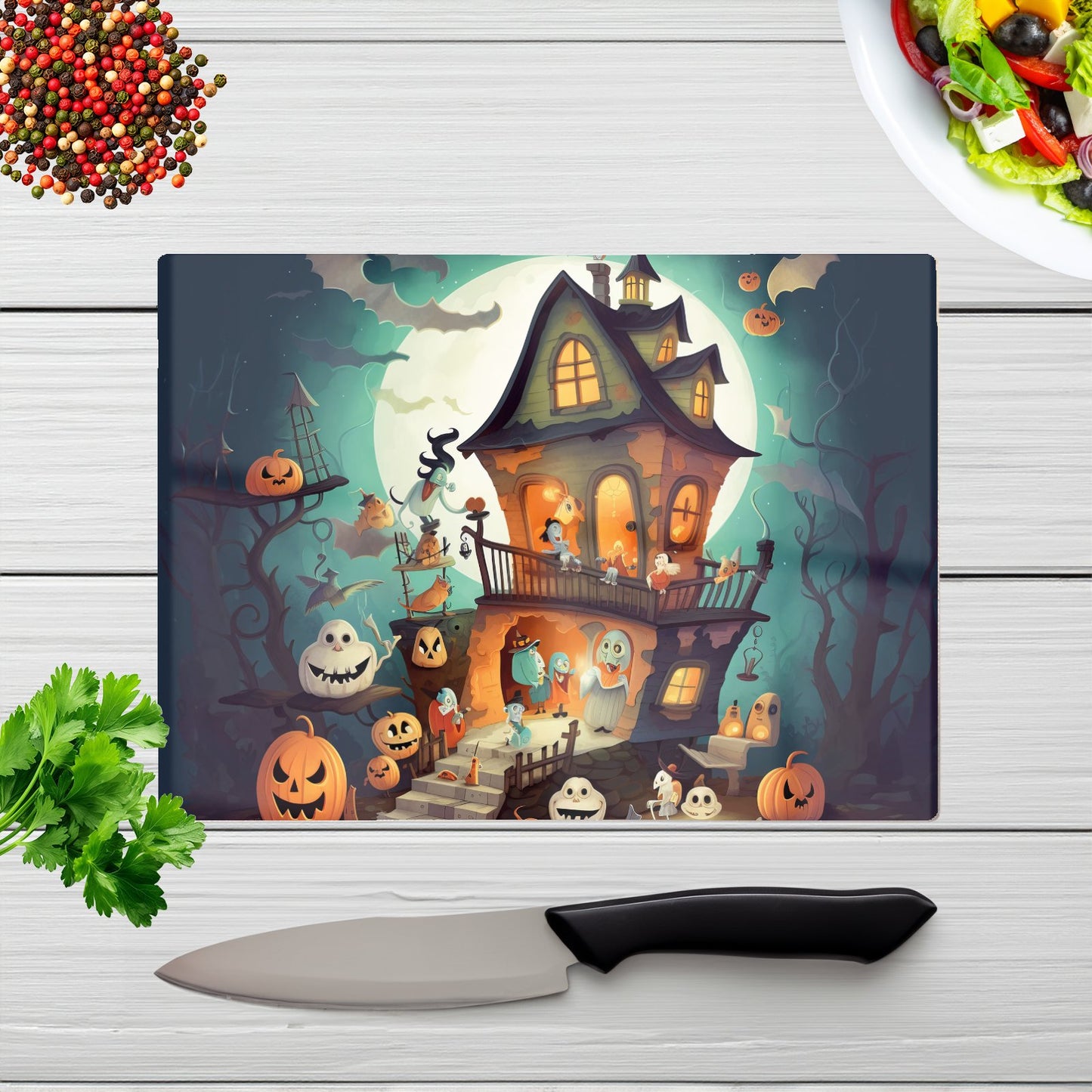 Illustrations A Whimsical Haunted House Glass Chopping Board