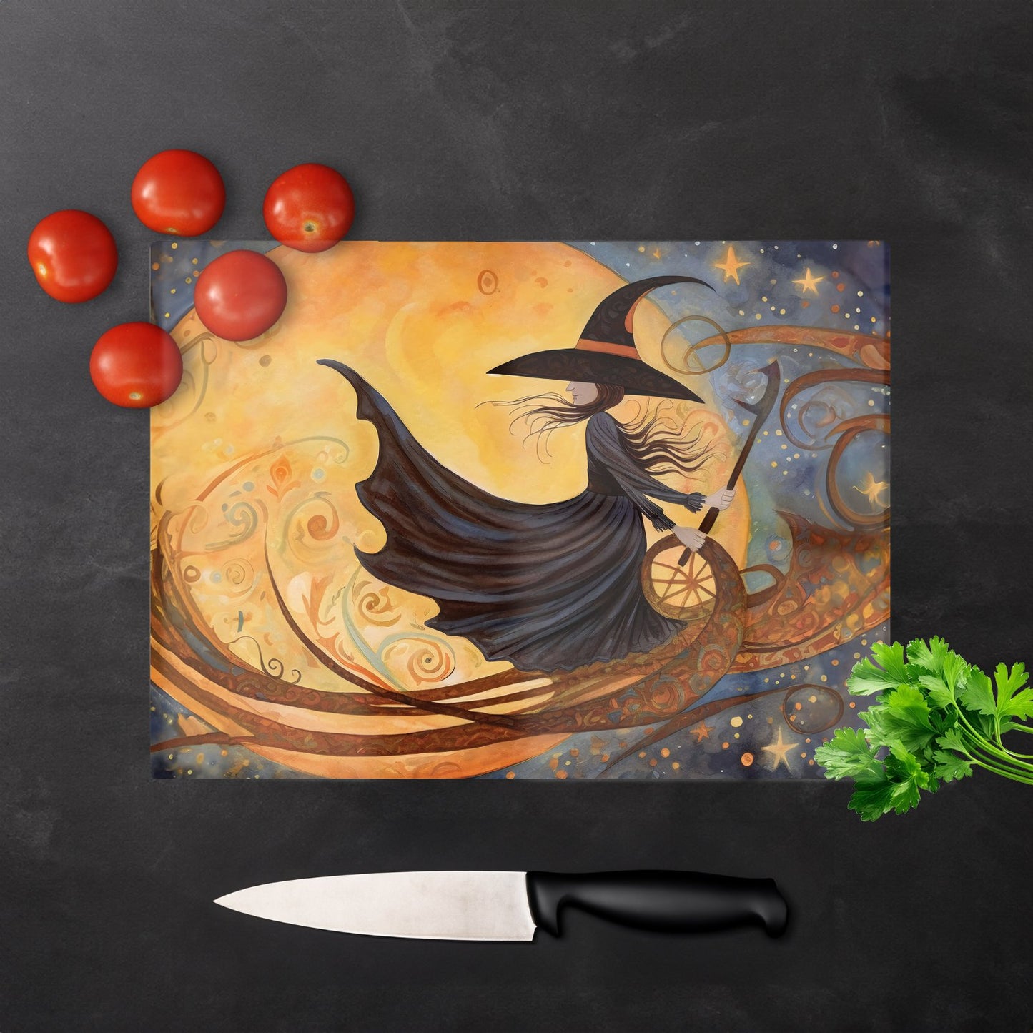 Whimsical Witch On A Broomstick Glass Chopping Board