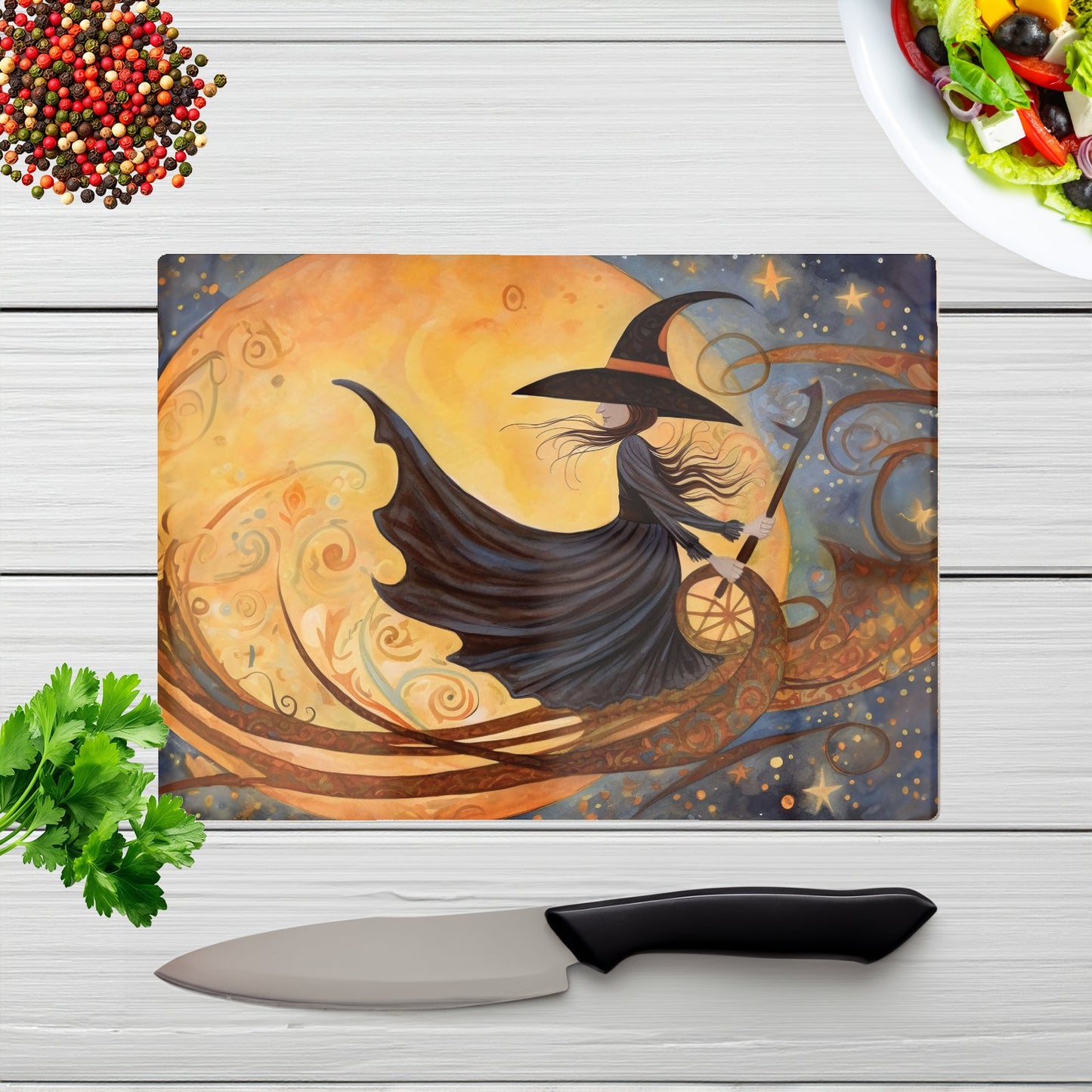Whimsical Witch On A Broomstick Glass Chopping Board
