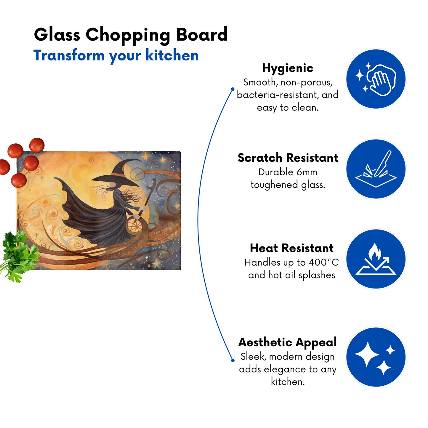 Whimsical Witch On A Broomstick Glass Chopping Board