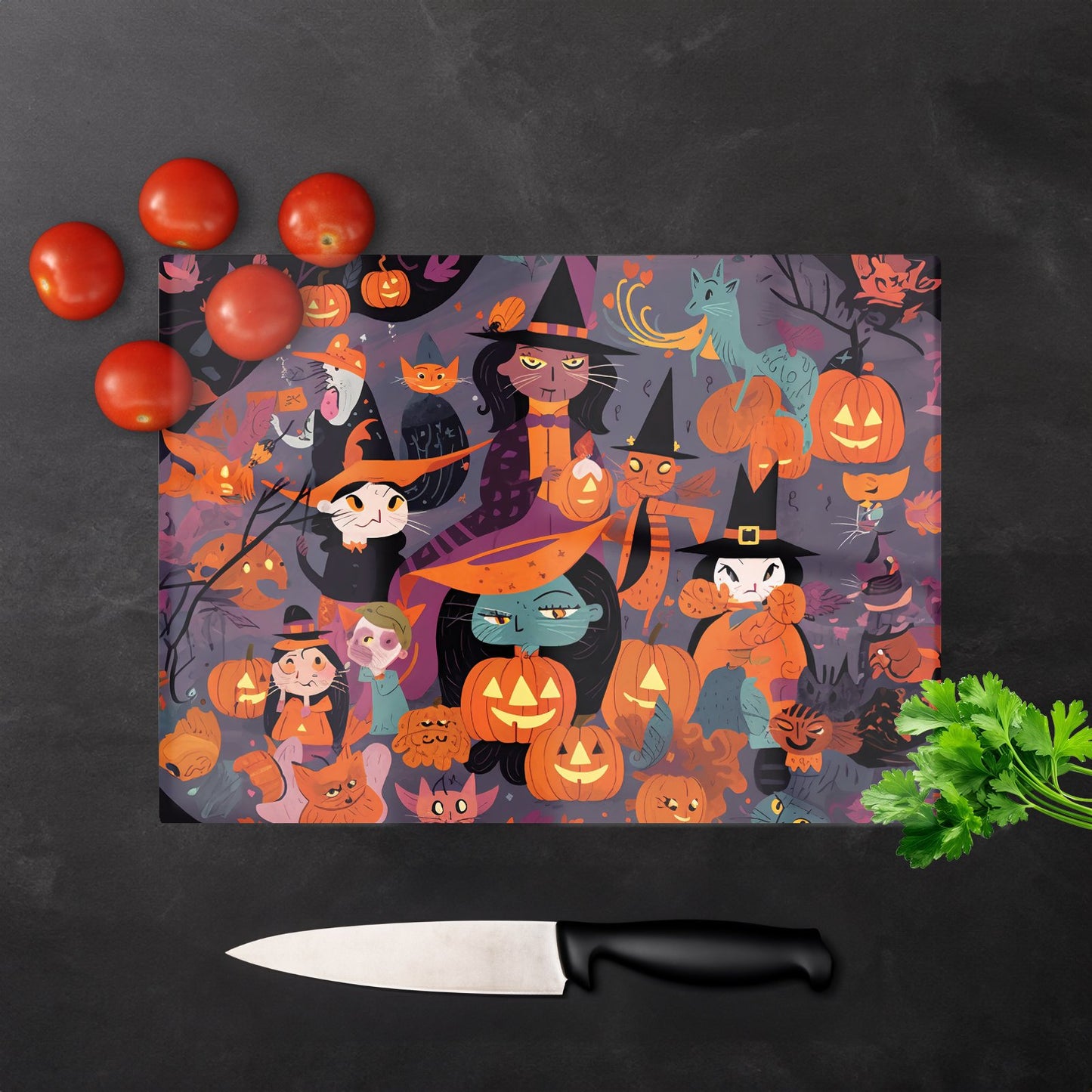 Colorful Illustration Of Witches Glass Chopping Board