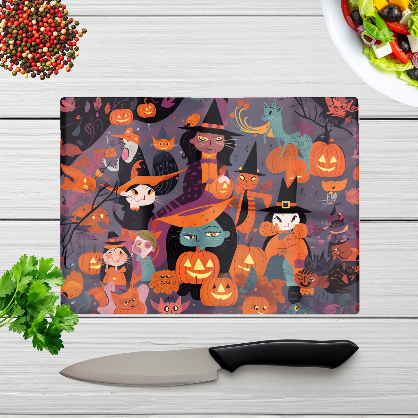 Colorful Illustration Of Witches Glass Chopping Board