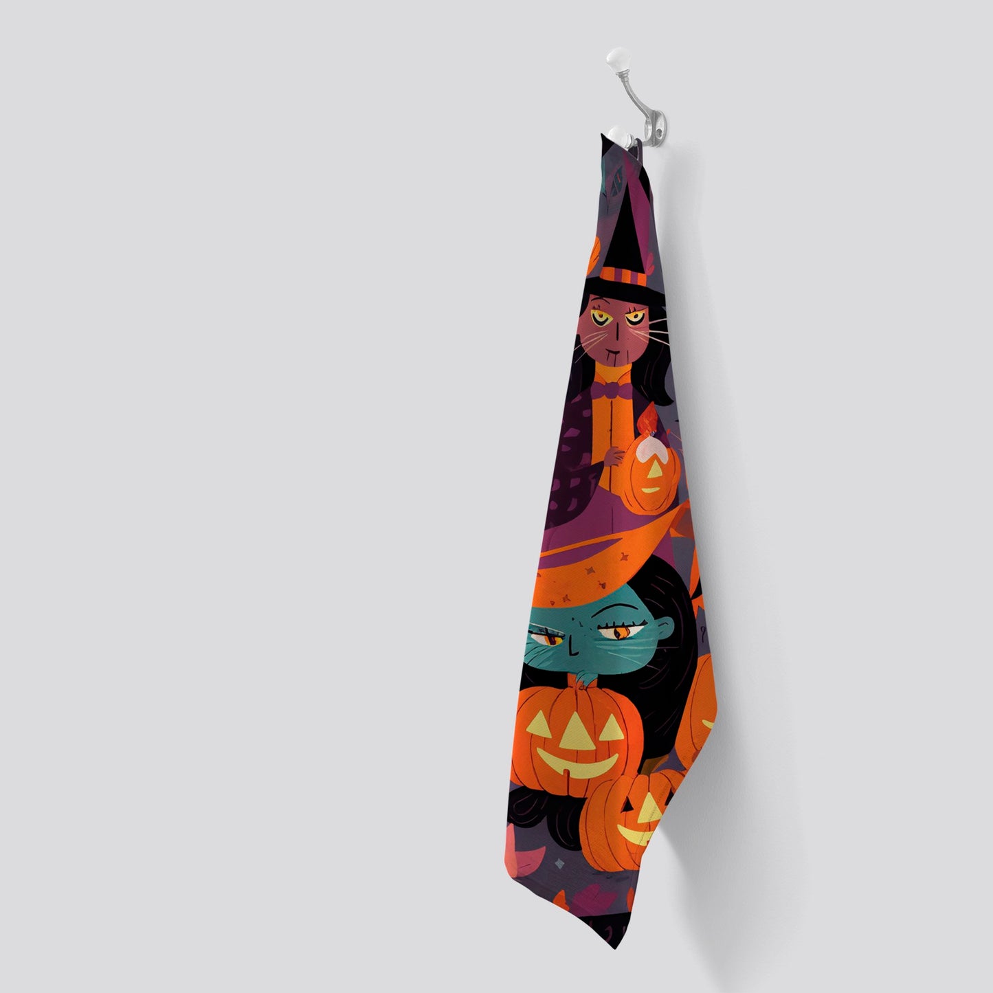 A Vibrant And Colorful Illustration Of Witches And Pumpkin Tea Towel
