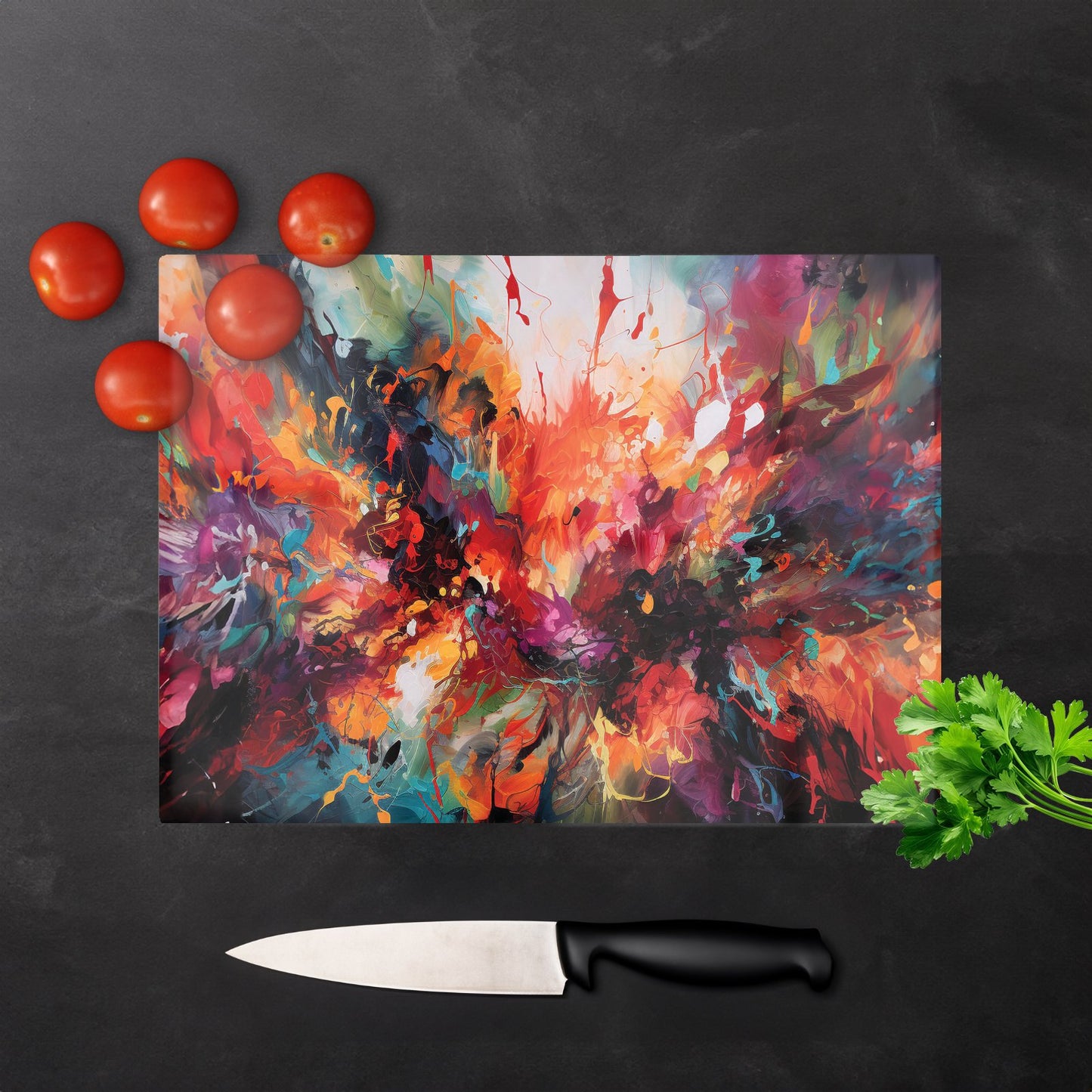 A Vibrant Abstract Painting Of Halloween Glass Chopping Board