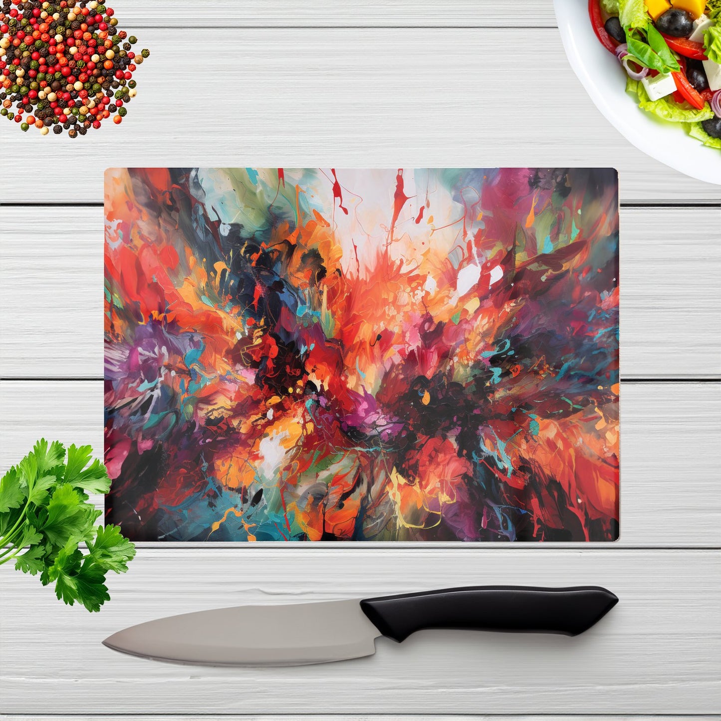 A Vibrant Abstract Painting Of Halloween Glass Chopping Board