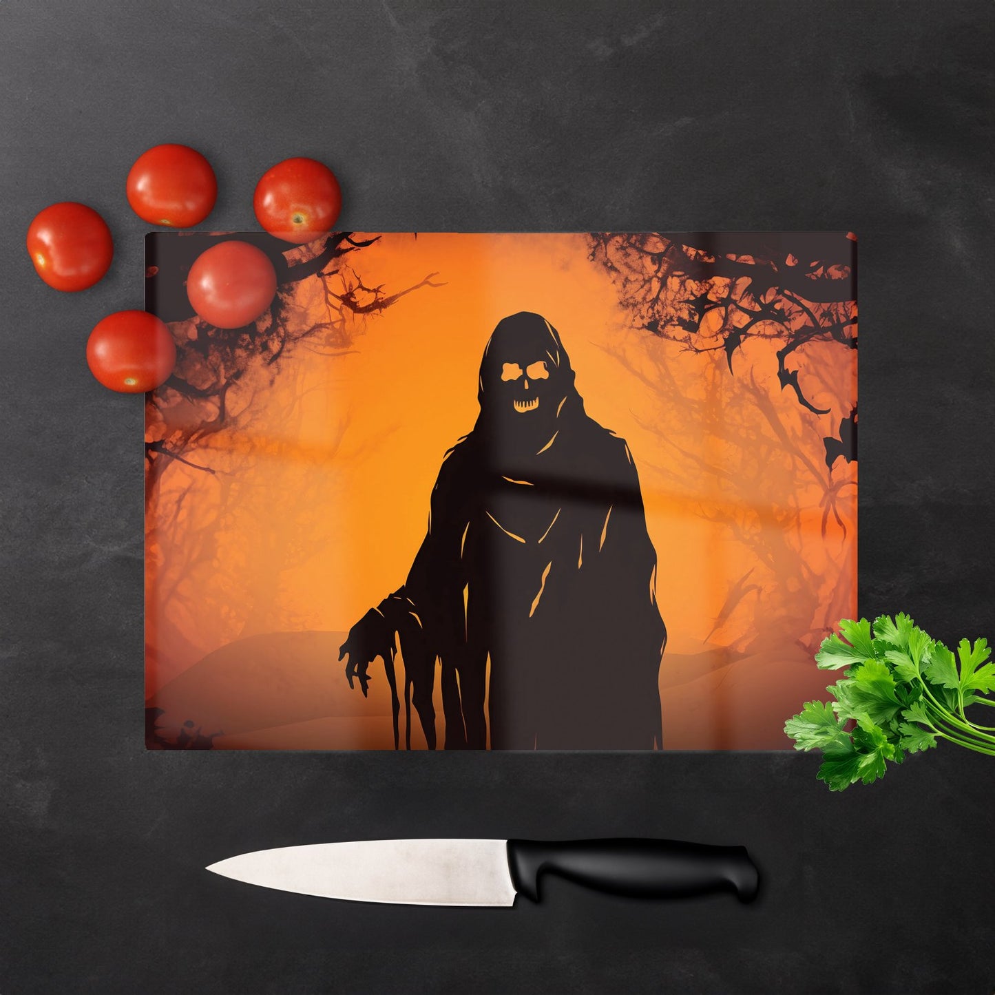 A Spooky Black And Orange Ghost Glass Chopping Board