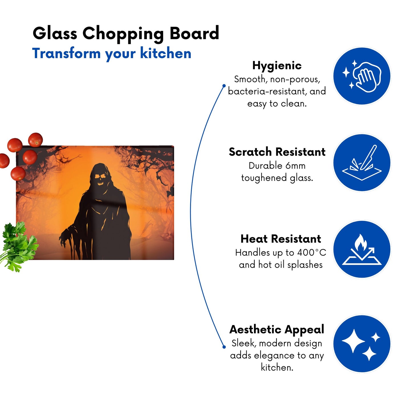 A Spooky Black And Orange Ghost Glass Chopping Board