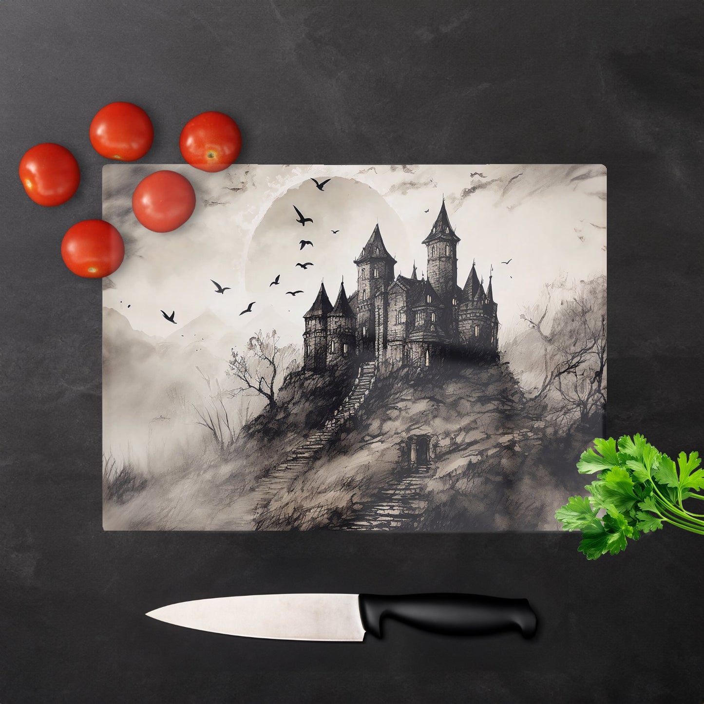 A Realistic Drawing Of A Haunted Castle Glass Chopping Board