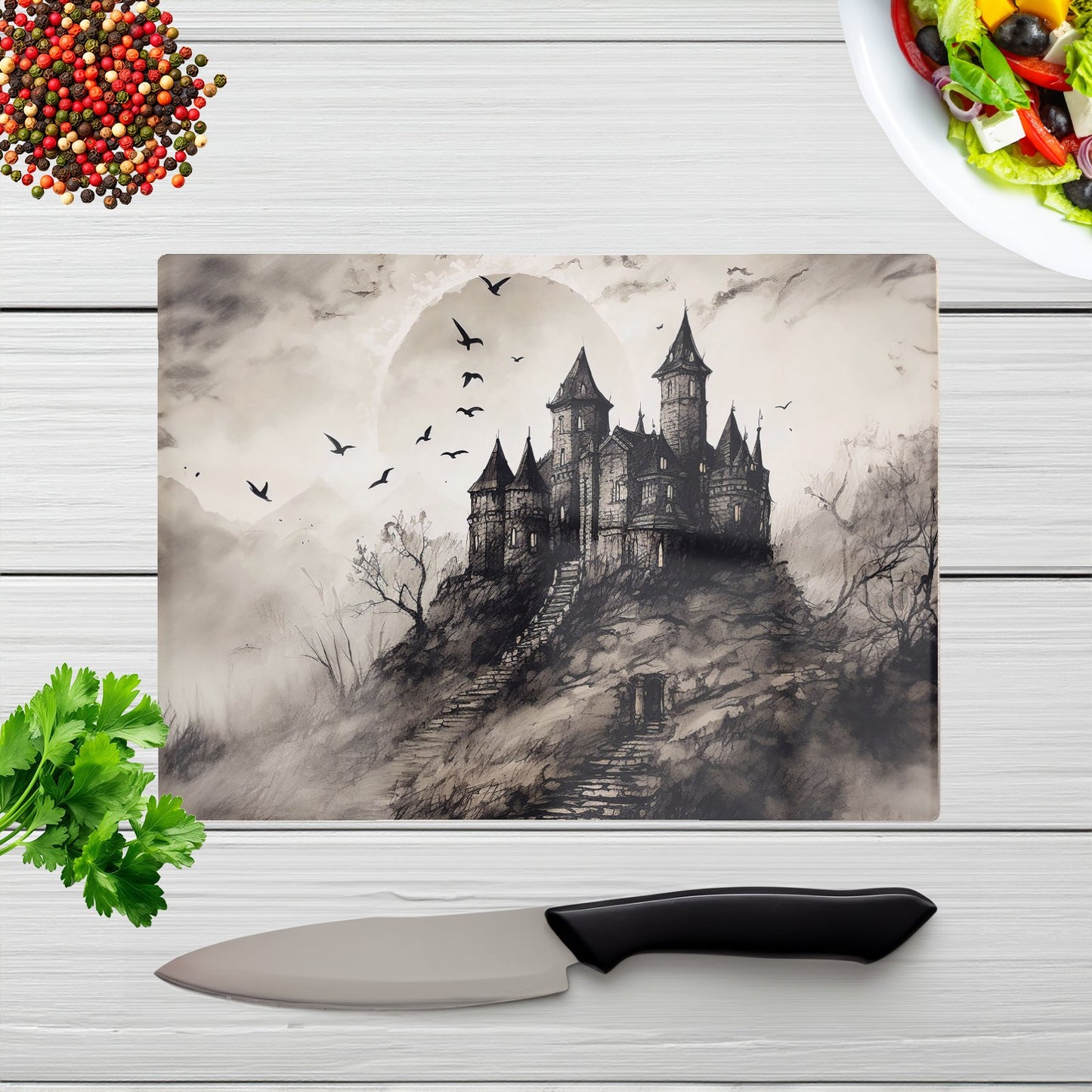 A Realistic Drawing Of A Haunted Castle Glass Chopping Board