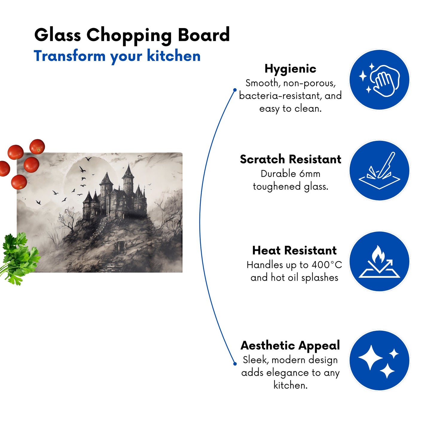 A Realistic Drawing Of A Haunted Castle Glass Chopping Board