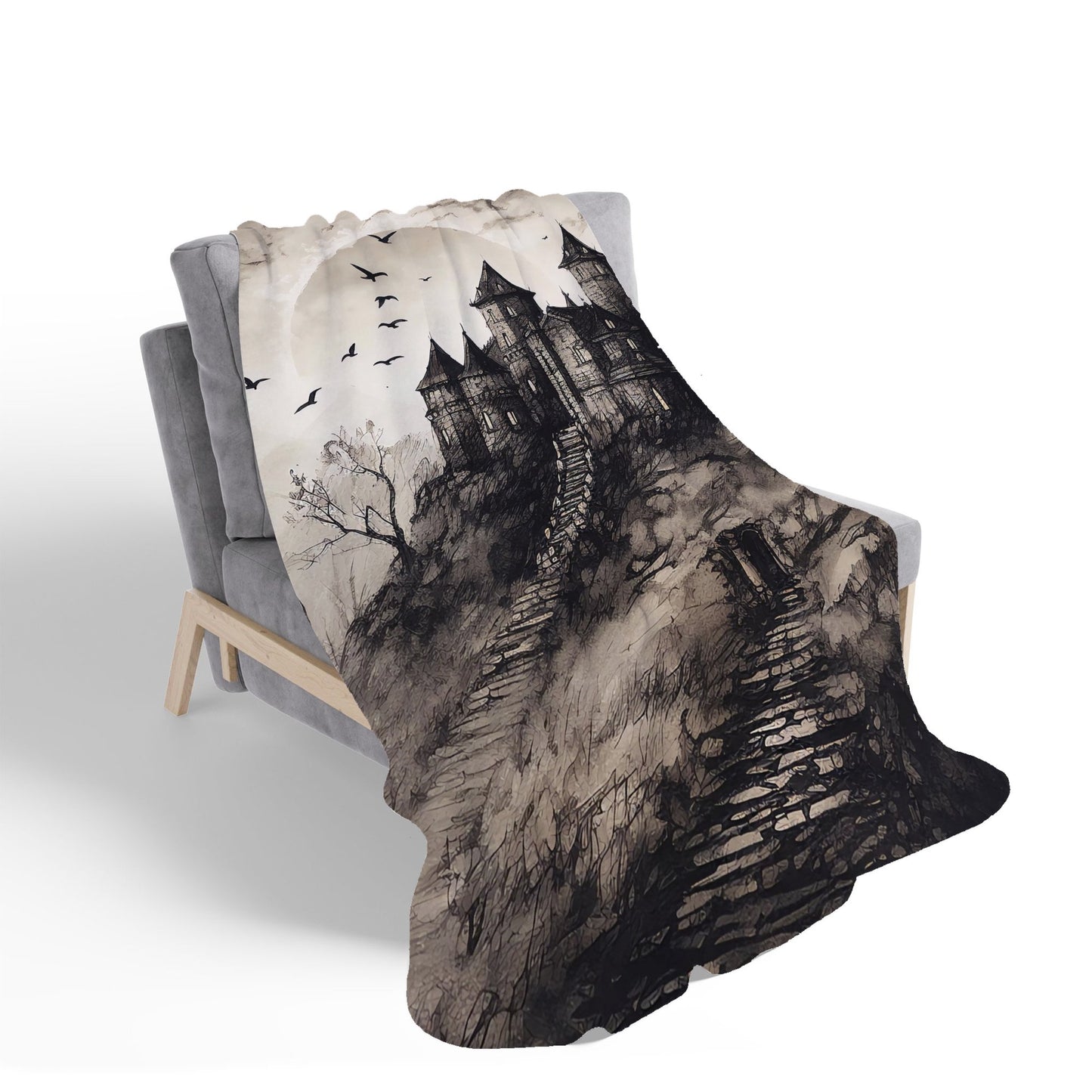 A Realistic Drawing Of A Haunted Castle Sherpa Blanket