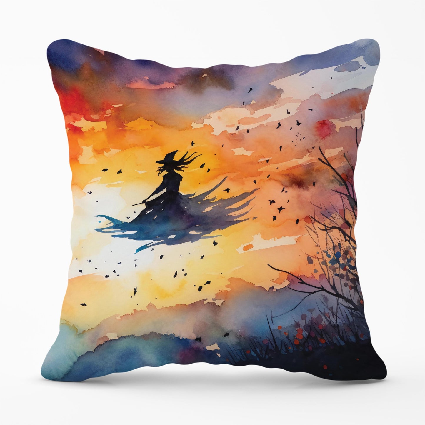 A Watercolor Featuring A Graceful Witch Witch Cushions
