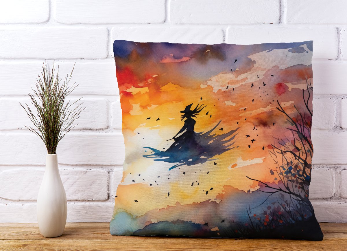 A Watercolor Featuring A Graceful Witch Witch Cushions