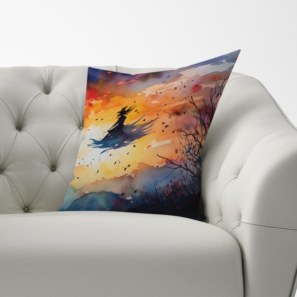 A Watercolor Featuring A Graceful Witch Witch Cushions