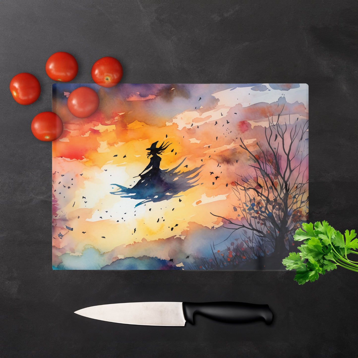 A Watercolor Graceful Witch Glass Chopping Board