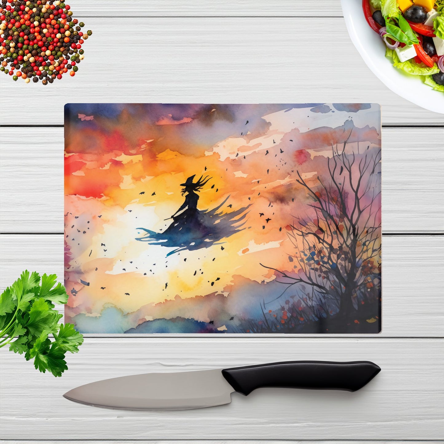 A Watercolor Graceful Witch Glass Chopping Board