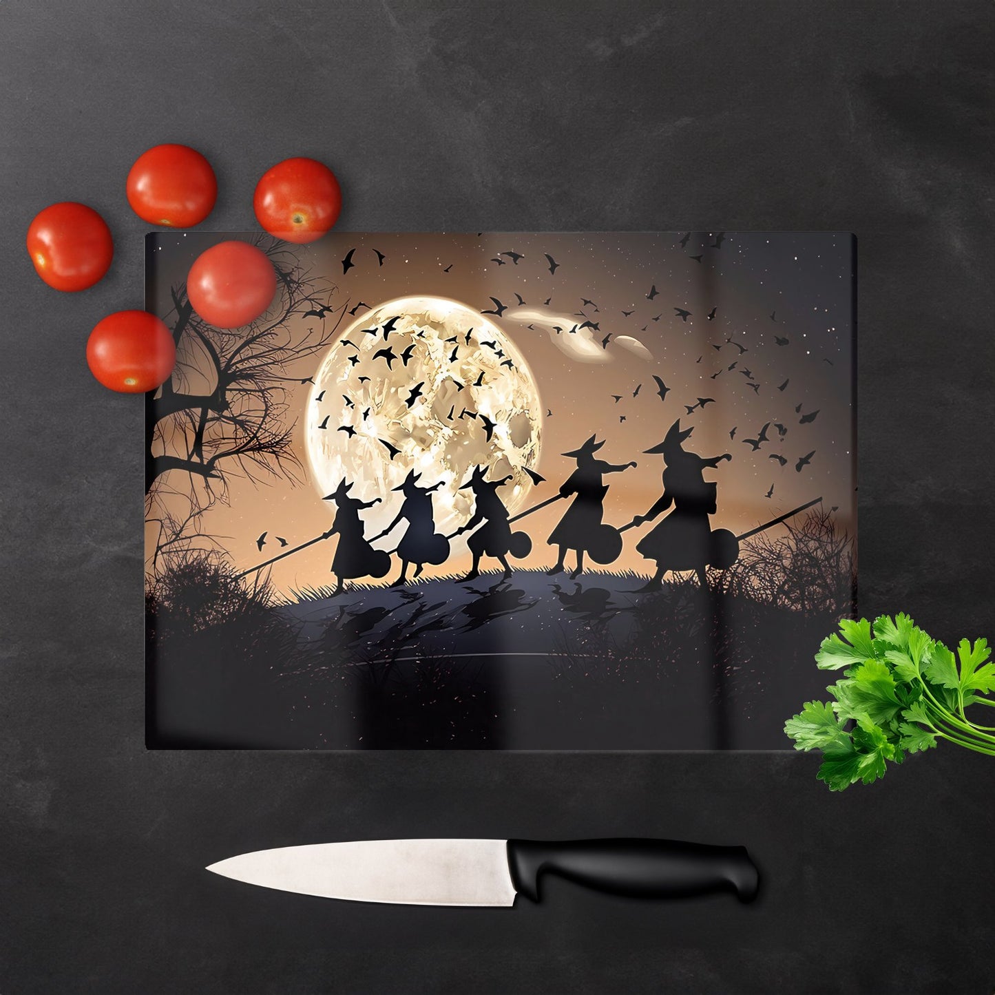 Witches Riding Broomsticks Glass Chopping Board