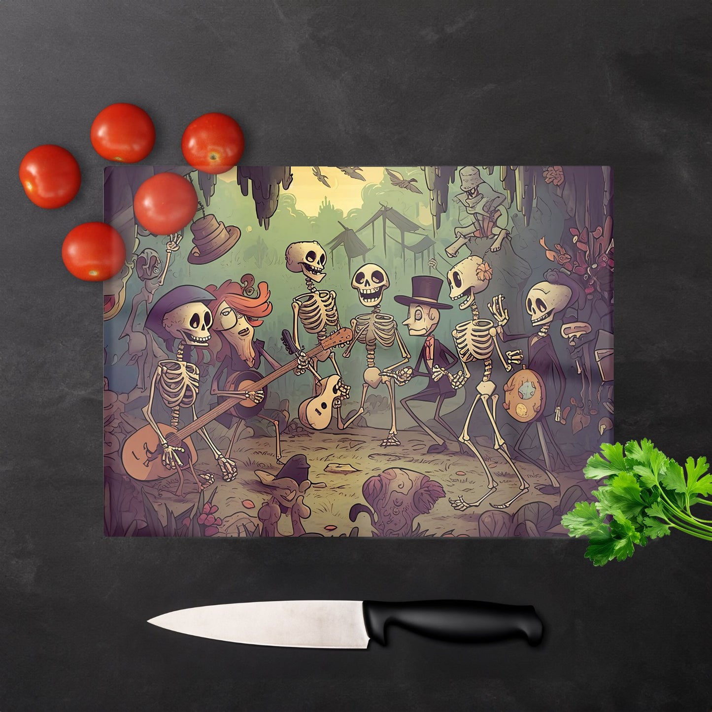 Cartoonish Skeletons Having A Party Glass Chopping Board